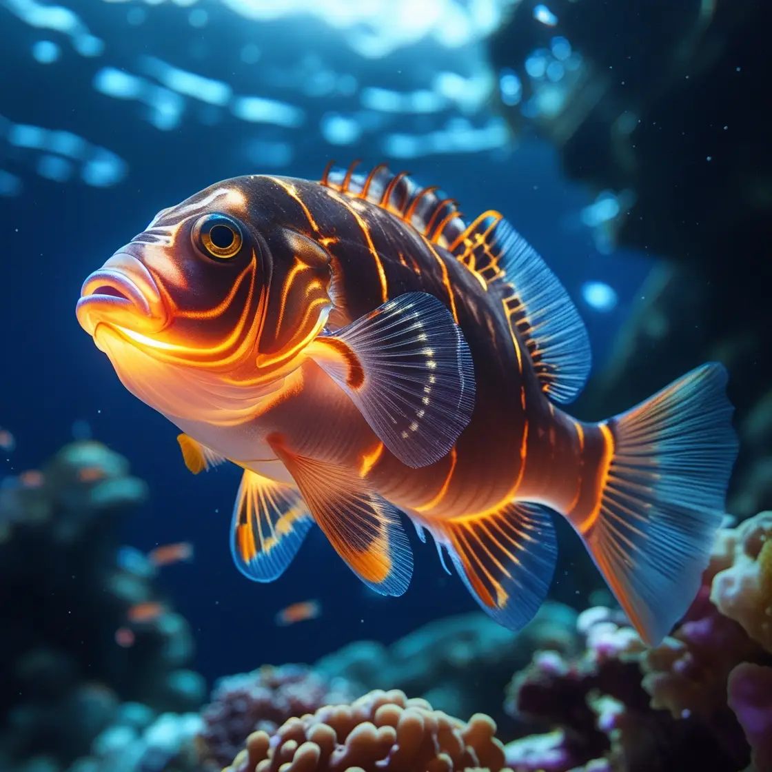 Lanternfish

These small fish possess photophores along their bodies, aiding in camouflage and communication in the dark ocean. The light emitted from their undersides helps them blend with the faint light from above, making them less visible to predators lurking below. 