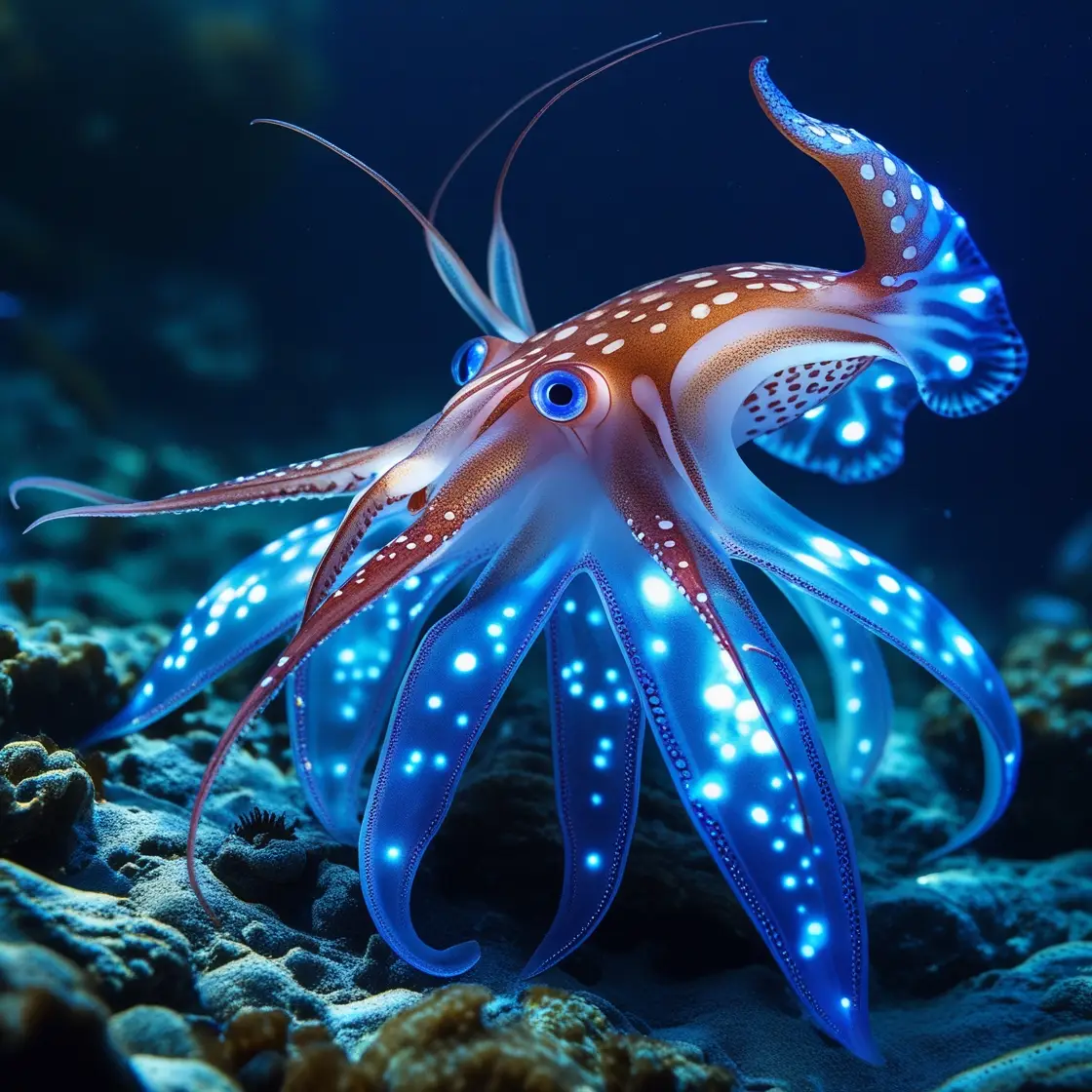 Firefly Squid

Found off the coast of Japan, these squids emit blue light from their bodies, creating mesmerizing displays during their spawning season. The males produce intricate patterns of light to attract females, resulting in a breathtaking spectacle along the shores.